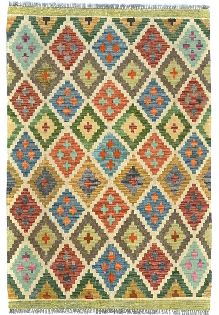 3X5 Kilim Oriental Rug Multicolored Geometric Design Reversible Small Carpet Hand-Knotted: 3X5 Kilim Oriental Rug Multicolored Geometric Design Reversible Small Carpet Hand-Knotted The 3X5 Kilim Oriental Rug boasts a vibrant multicolored geometric design, woven from high-quality wool in a t