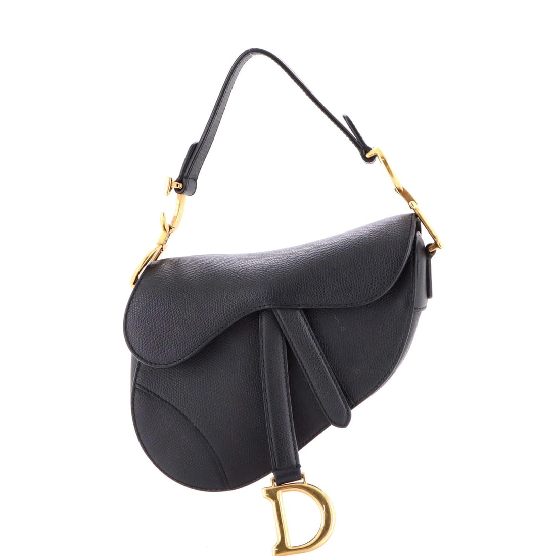 Christian Dior Saddle Mini Leather Handbag: Christian Dior Saddle Mini Leather Handbag Black leather mini Saddle shoulder bag with aged gold hardware, featuring microfiber interior and a classic design. The bag shows minor edge wear, scuffs, an