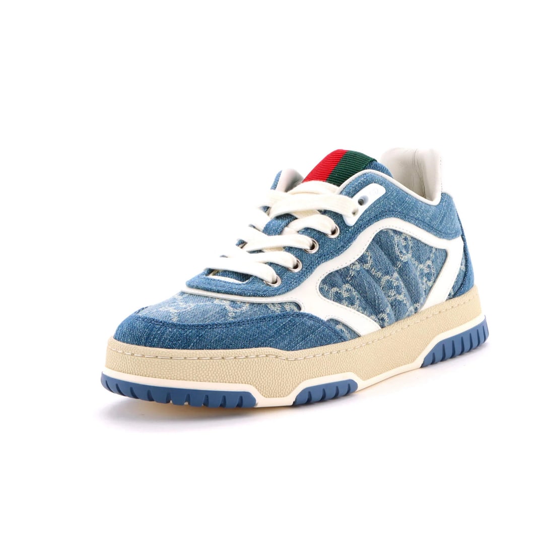 Gucci Re Web GG Denim Sneakers: Gucci Re Web GG Denim Sneakers Blue and White Gucci Re Web GG Denim Sneakers in Excellent Condition. Made from high-quality denim and leather, these iconic sneakers feature the signature Gucci web pat