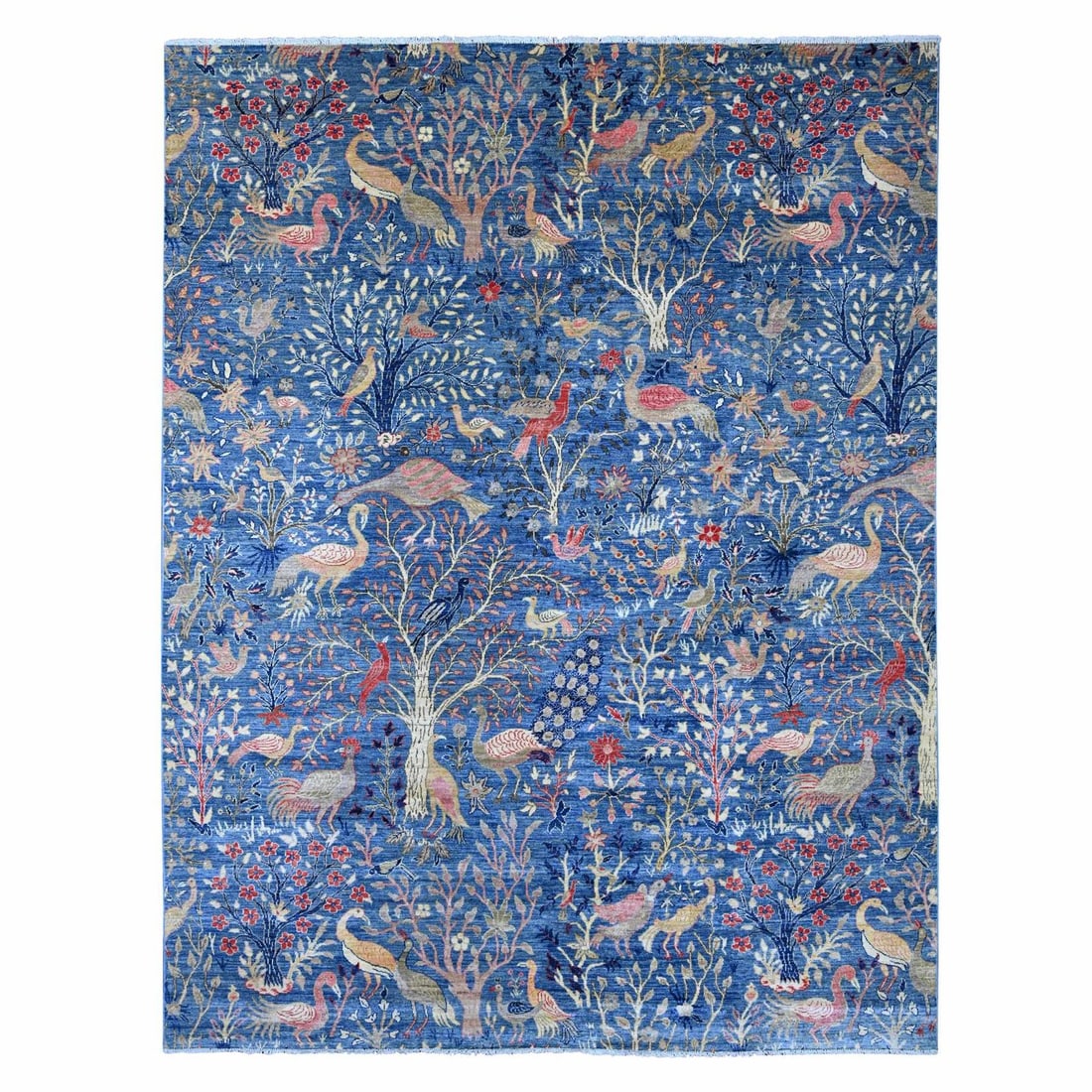 9'x11'8" Blue Peshawar with Birds of Paradise Design Hand Knotted Soft Wool: 9'x11'8" Blue Peshawar with Birds of Paradise Design Hand Knotted Soft Wool Soft and vibrant, this stunning Blue Peshawar with Birds of Paradise design hand-knotted wool rug measures 272 CM x 356 CM. 
