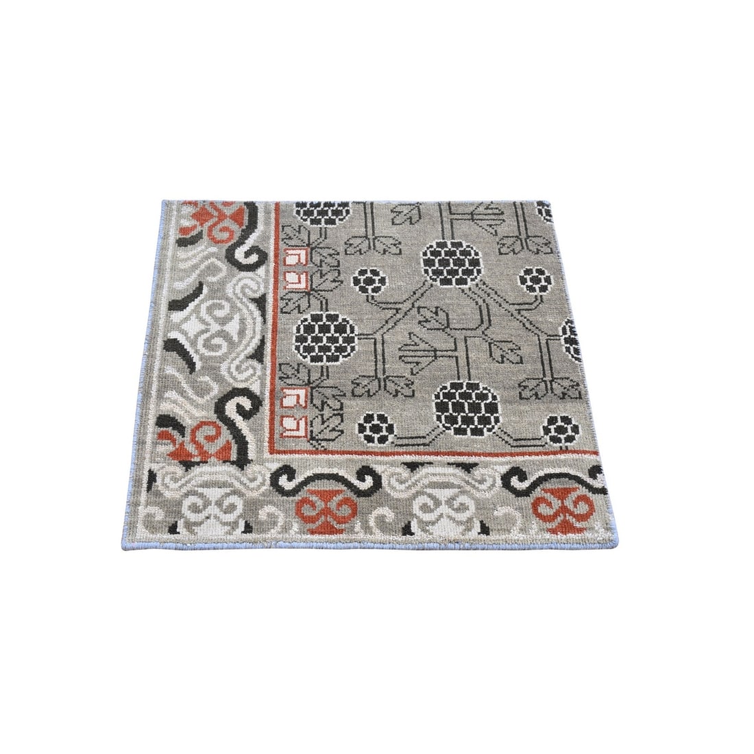 2'1"x2'2" Khotan Design Sampler 100% Wool Tribal Design Hand Knotted Rug: 2'1"x2'2" Khotan Design Sampler 100% Wool Tribal Design Hand Knotted Rug The Khotan Design Sampler is a stunning piece of hand-knotted wool art, boasting an intricate tribal design in rich grey tones.