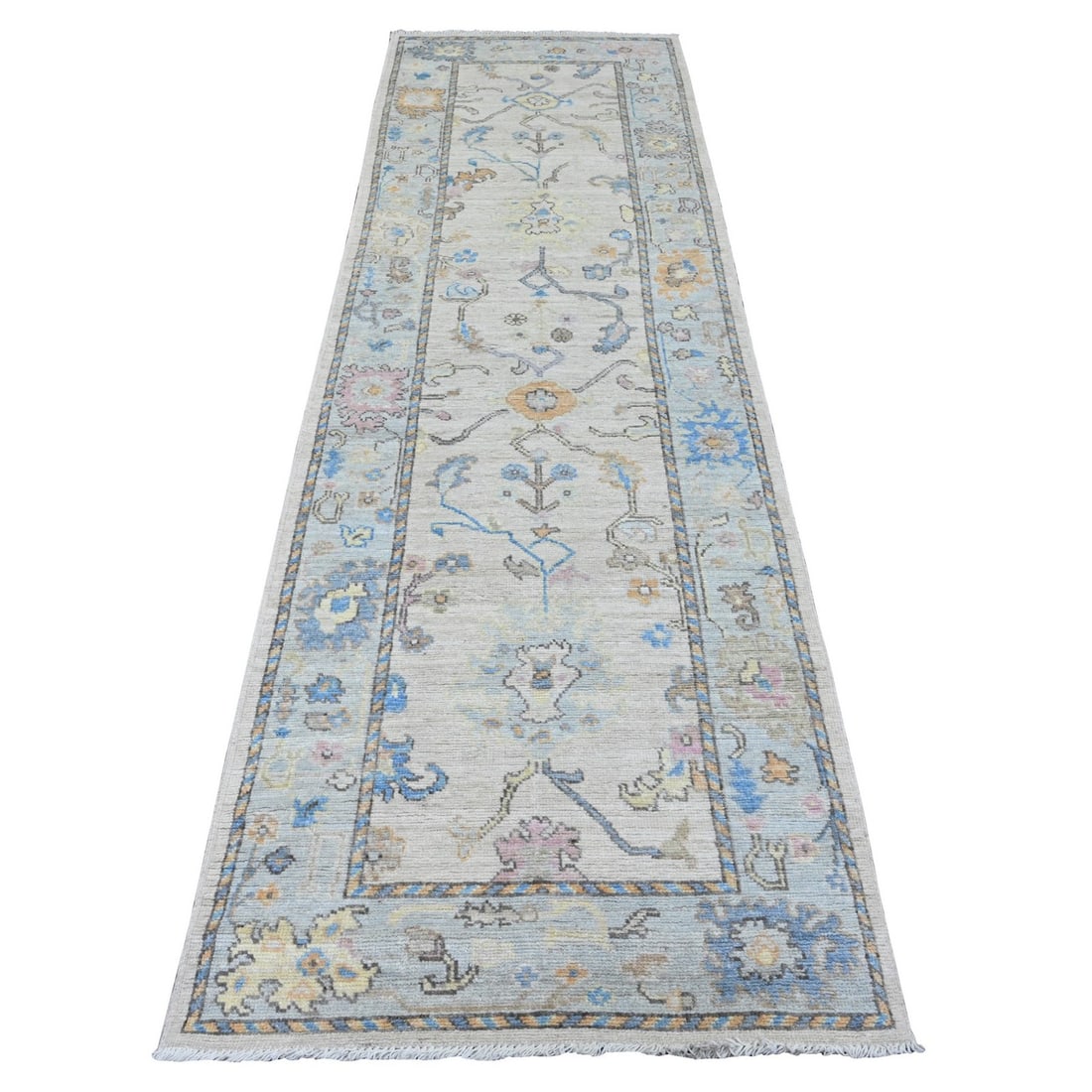 3'x10'1" White Angora Oushak Vines Design Hand Knotted Wool Runner Rug: 3'x10'1" White Angora Oushak Vines Design Hand Knotted Wool Runner Rug This stunning 3'x10'1" White Angora Oushak Vines Design Hand Knotted Wool Runner Rug boasts an intricate vines design in ivory,