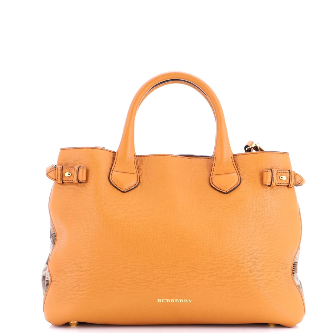 Burberry Banner Tote Leather and House Check Canvas Medium: Burberry Banner Tote Leather and House Check Canvas Medium The Burberry Banner Tote Leather and House Check Canvas Medium is a vibrant orange leather satchel with a medium size, featuring a classic