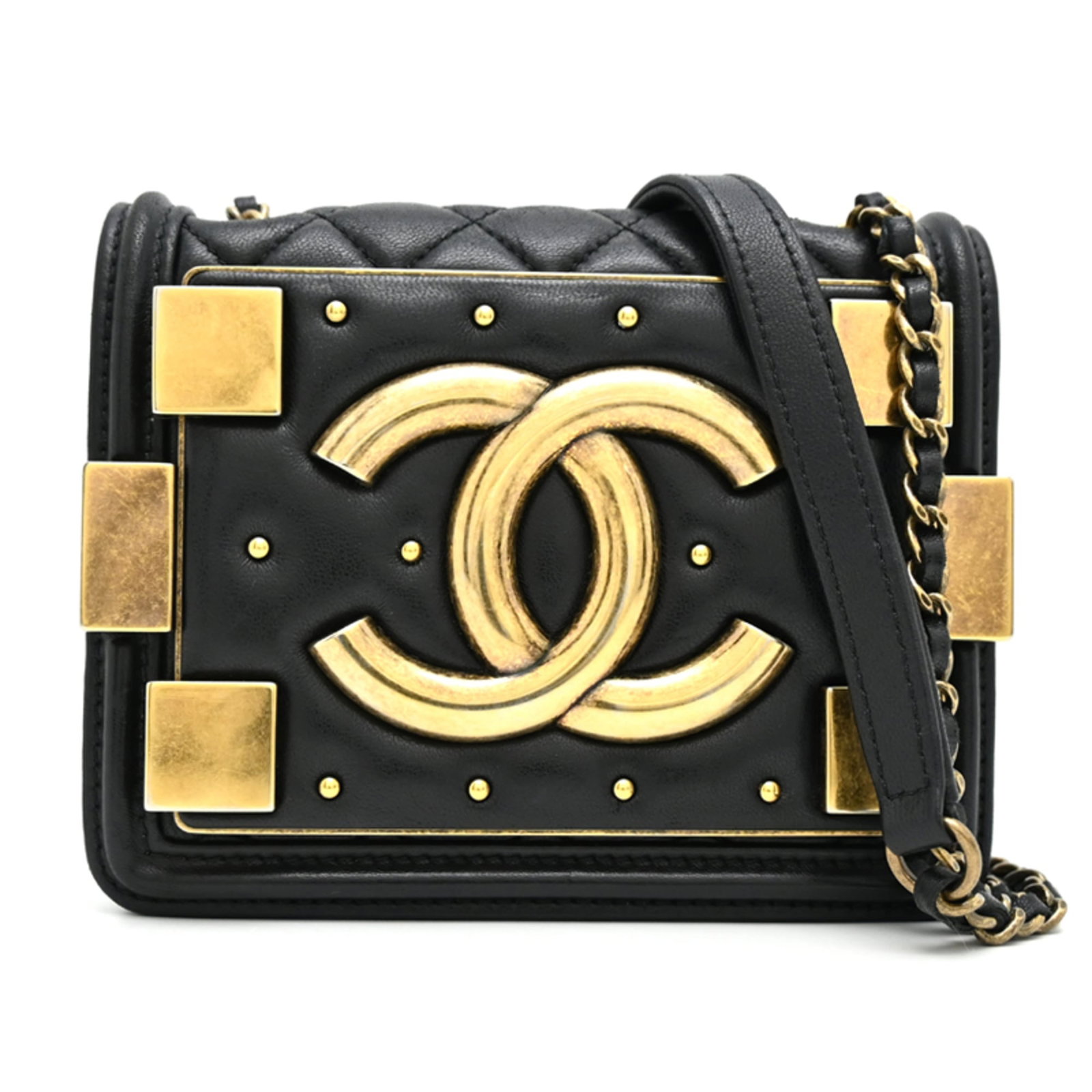 Shoulder Bag Leather Chanel: Shoulder Bag Leather Chanel This luxurious black leather shoulder bag boasts sleek lines and a classic design, crafted from high-quality lambskin. Measuring just 12cm x 15cm x 4cm, it's the perfect si