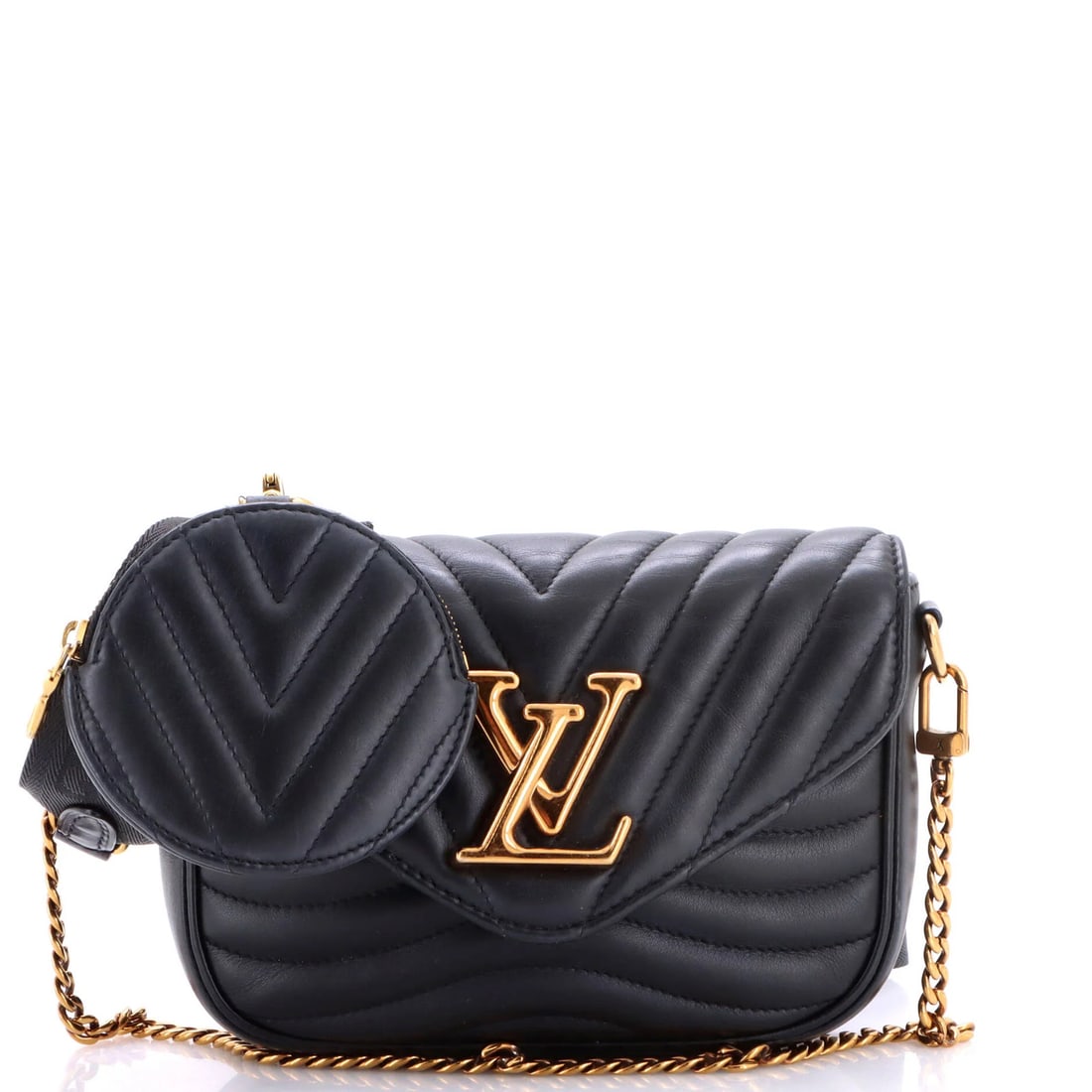 Leather quilted pochette wave new Louis Vuitton: Leather quilted pochette wave new Louis Vuitton Black quilted leather pochette with gold hardware, featuring a chain strap and measuring 5" in height. The item has heavy edge wear, scuffs, corner wear