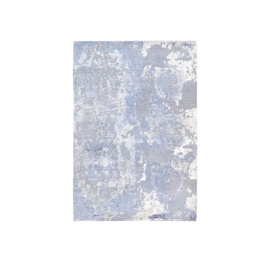 3'1"x5'1" Wool & Silk Silver Blue Abstract Design Hand Knotted Modern Rug: 3'1"x5'1" Wool & Silk Silver Blue Abstract Design Hand Knotted Modern Rug Wool and silk blend creates a unique, modern rug with an abstract silver blue design. Hand-knotted in a rectangular field shap