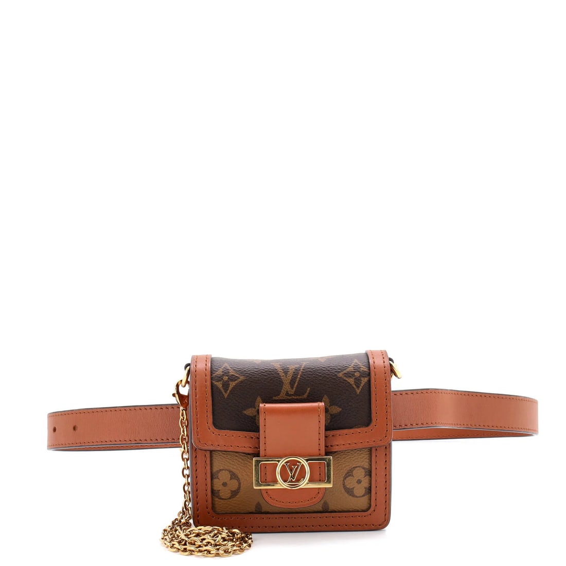 Vuitton Louis Dauphine Reverse Monogram Bumbag BB: Vuitton Louis Dauphine Reverse Monogram Bumbag BB The Louis Vuitton Dauphine Reverse Monogram Bumbag BB boasts a rich, brown exterior with the iconic reverse monogram pattern. Measuring 4" x 4.5" x 1.