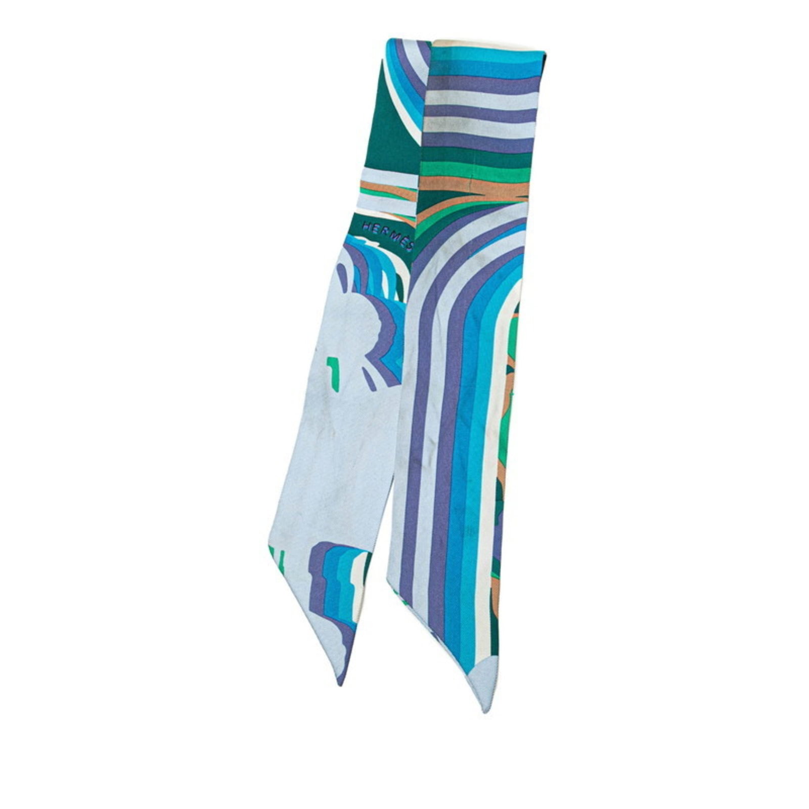 Hermes silk scarf: Hermes silk scarf Silk from the renowned French fashion house, Hermes, wraps elegantly around your neck in a vibrant blue and green multi-color design. The scarf's slender 5cm x 84cm size makes it per
