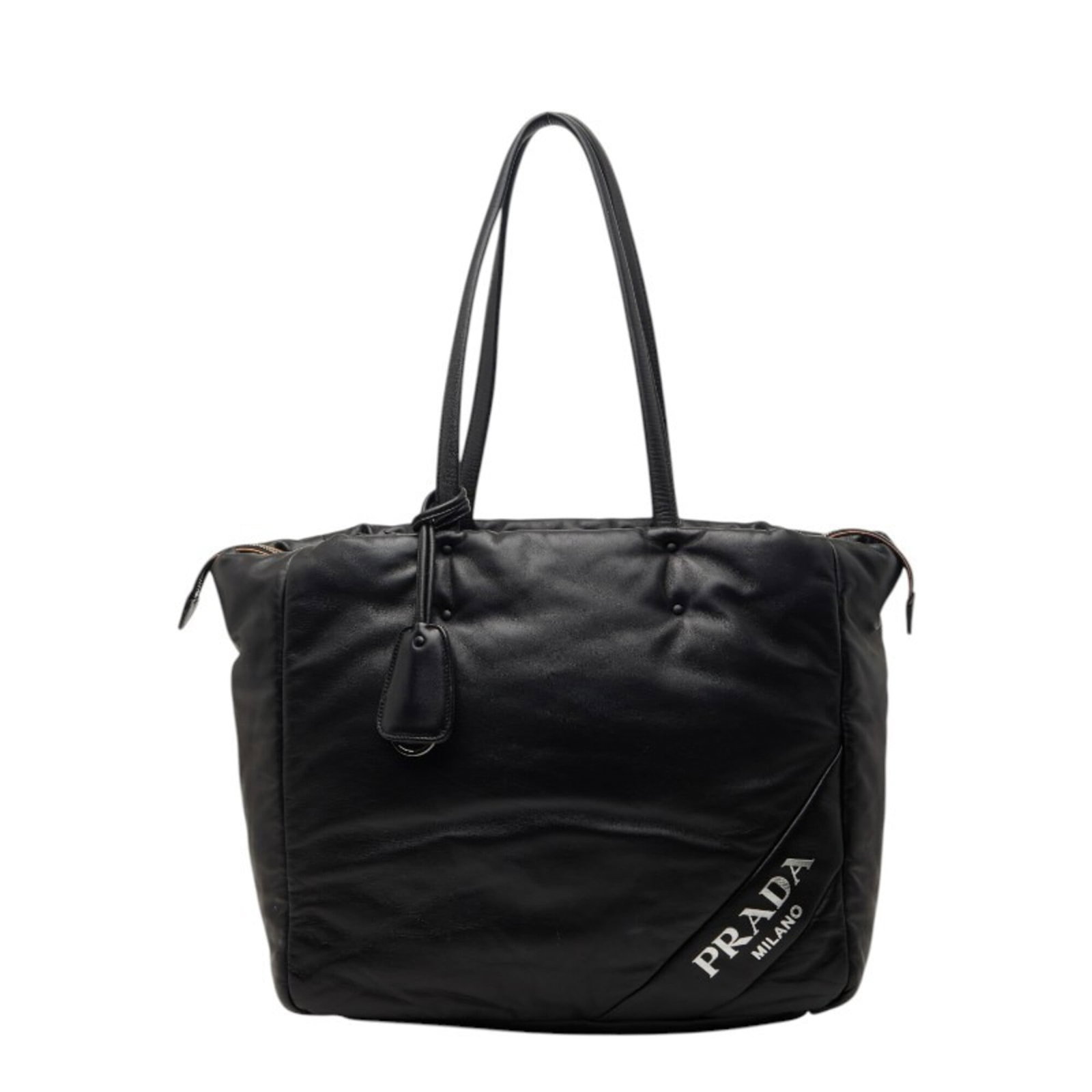 Prada Shoulder Bag Tote Bag Leather: Prada Shoulder Bag Tote Bag Leather Black leather Prada shoulder bag tote with classic design and timeless elegance. Made from high-quality leather, this stylish bag features a spacious interior and c