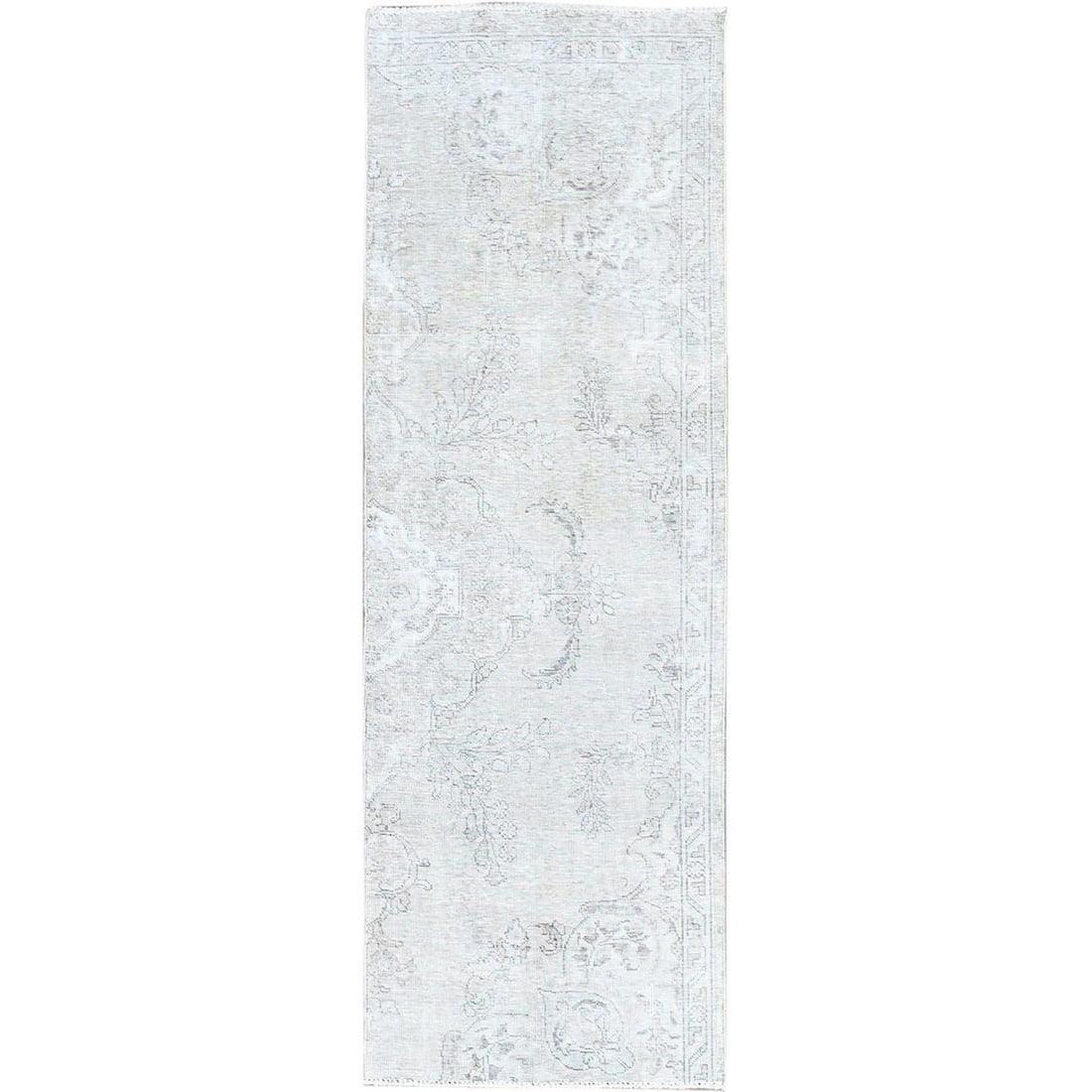 2'6"x7'6" Snow White Vintage Zoroastrian Tebraz Runner Oriental Rug: 2'6"x7'6" Snow White Vintage Zoroastrian Tebraz Runner Oriental Rug The Snow White Vintage Zoroastrian Tebraz Runner Oriental Rug boasts an exquisite ivory color and intricate hand-knotted wool design