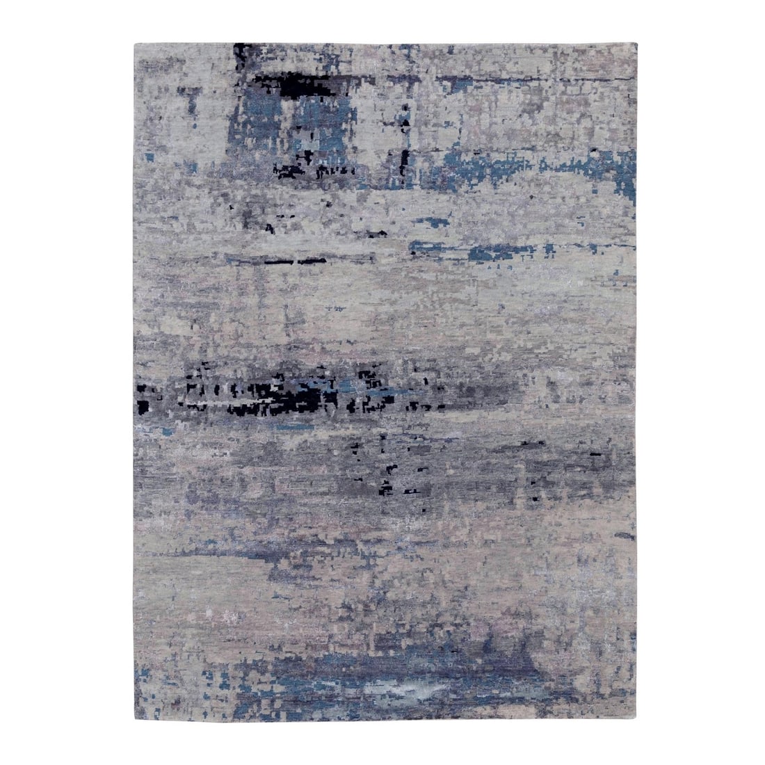 6'3"x8'10" Abstract Design Silver-Blue Hand Knotted Wool and Silk Rug: 6'3"x8'10" Abstract Design Silver-Blue Hand Knotted Wool and Silk Rug This stunning abstract design hand-knotted wool and silk rug boasts an intricate grey field with no border, creating a sense of de