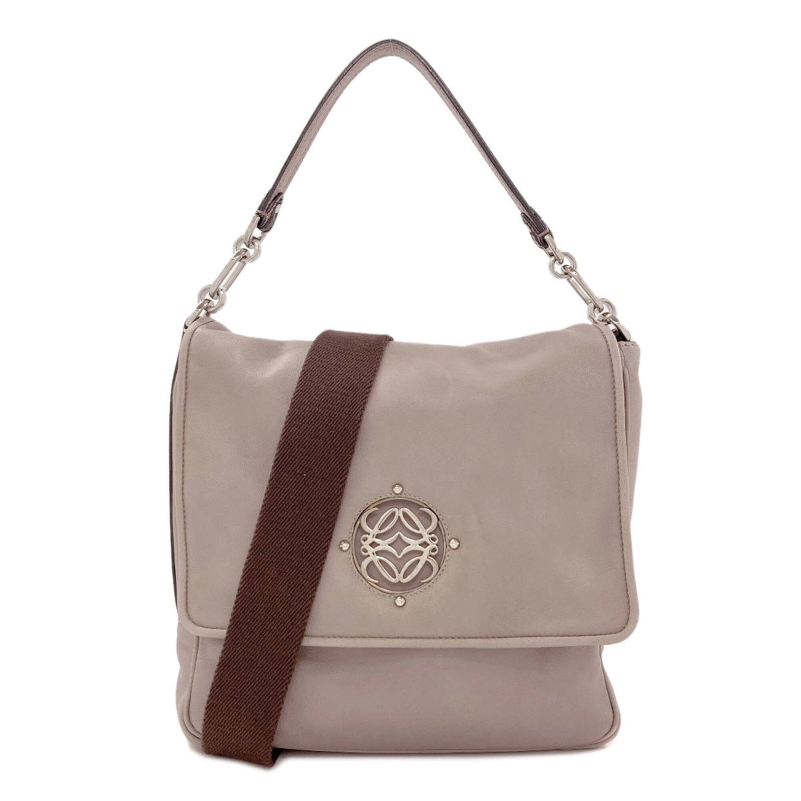 Shoulder Bag Leather: Shoulder Bag Leather Grayish lambskin shoulder bag with leather details, measuring 25cm x 24cm x 8cm. The bag features a 40cm long handle and adjustable strap length of 100cm, making it a versatile ac