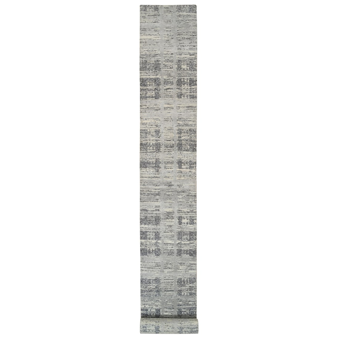 2'7"x23'8" Gray Wool Hand Knotted Modern Design XL Runner Rug: 2'7"x23'8" Gray Wool Hand Knotted Modern Design XL Runner Rug Modern design meets timeless elegance in this stunning gray wool hand-knotted runner rug, measuring 2'7" x 23'8". Hand-knotted with a rich