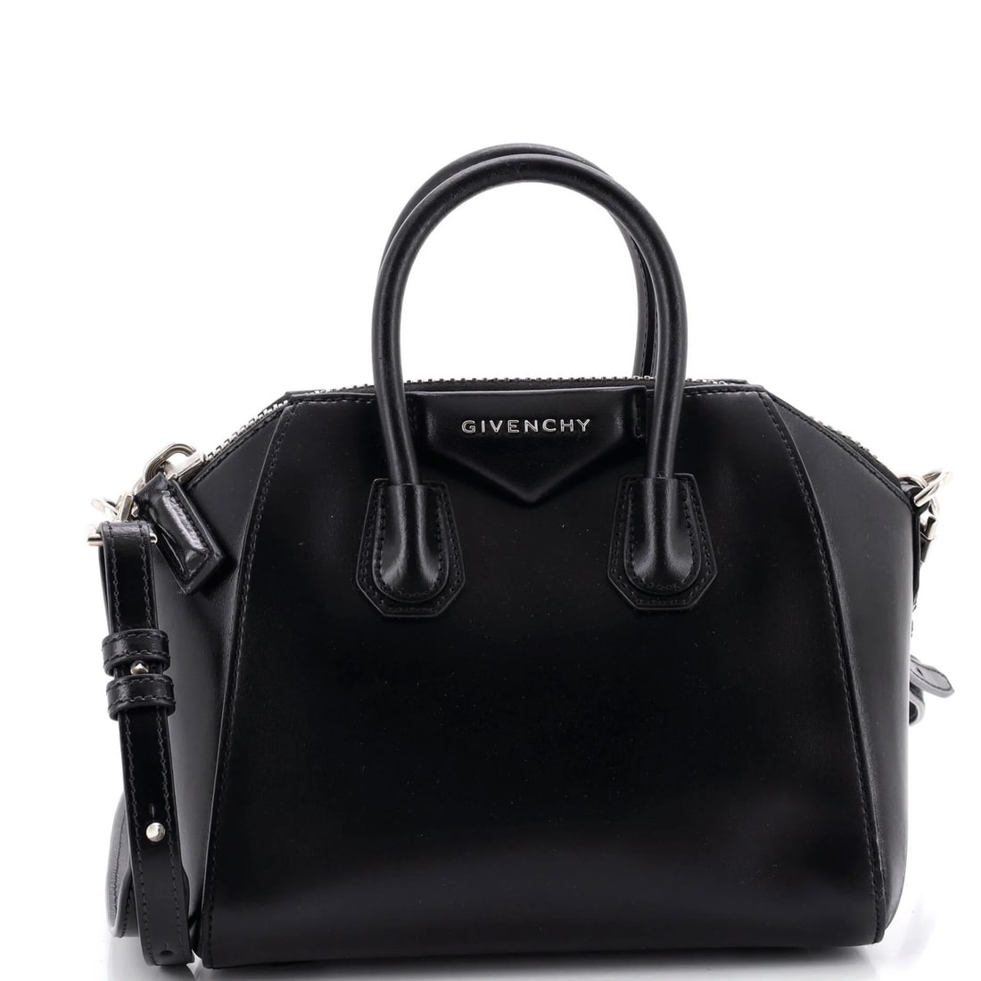 Glazed Leather Mini Bag Antigona Givenchy: Glazed Leather Mini Bag Antigona Givenchy Black Glazed Leather Givenchy Antigona Mini Bag with Silver Hardware, featuring a classic satchel design and intricate details. Measuring 8" x 5" x 3", this m