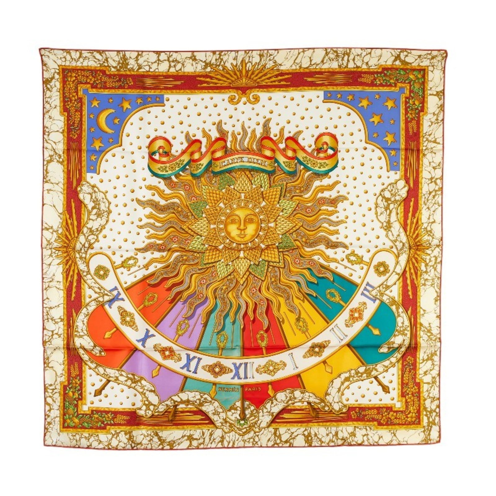 Hermes silk scarf: Hermes silk scarf Silk scarf from renowned French luxury brand Hermes, featuring a multi-color design and white accents. Made from high-quality silk, the scarf measures 90cm x 90cm in size. Comes with