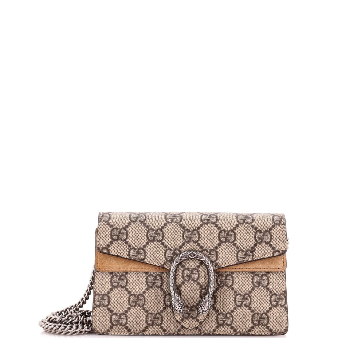 Gucci Dionysus Bag GG Coated Canvas Super Mini: Gucci Dionysus Bag GG Coated Canvas Super Mini The Gucci Dionysus Bag GG Coated Canvas Super Mini boasts a stylish design with a cross body style and a brown exterior made from canvas coated suede. Me