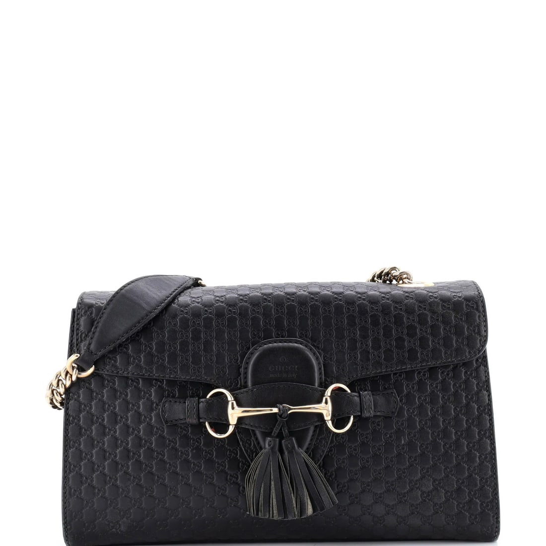 Gucci medium leather bag chain flap Emily microguccissima: Gucci medium leather bag chain flap Emily microguccissima The Gucci medium leather bag chain flap Emily microguccissima features black exterior leather with gold tone hardware, a neutral interior fabr