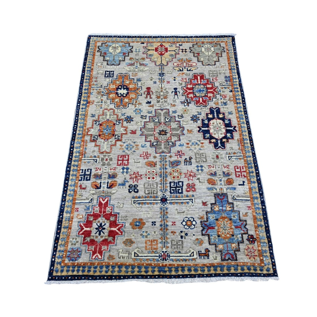 3'2"x5' Gray Afghan Ersari with Caucasian Design Revival Hand Knotted Wool: 3'2"x5' Gray Afghan Ersari with Caucasian Design Revival Hand Knotted Wool Gray Afghan Ersari with Caucasian Design Revival Hand Knotted Wool features a rectangular field with medallion pattern, showc