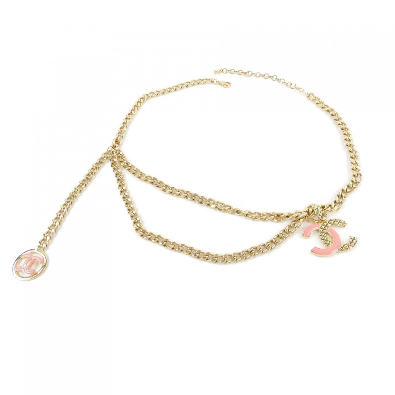 Chain Belt by Chanel: Chain Belt by Chanel Chain belt by Chanel, available in gold and pink, features a sleek design with a width of 1cm. The chain belt measures between 62.5cm to 72.5cm in length, offering a versatile fit