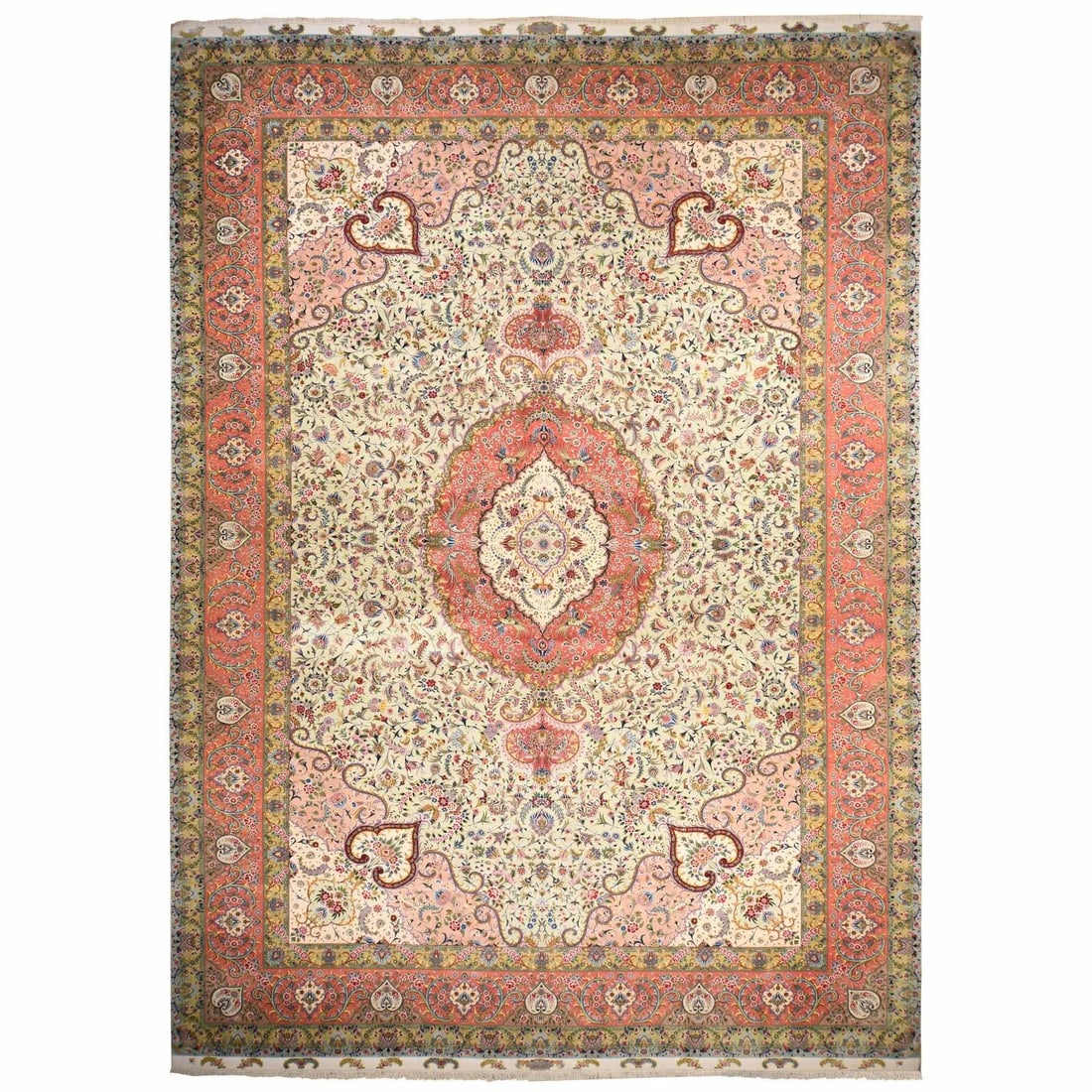 13'x20'3" Ivory XL Rug New Zoroastrian Wool and Silk 400 KPSI Hand Knotted: 13'x20'3" Ivory XL Rug New Zoroastrian Wool and Silk 400 KPSI Hand Knotted The Zoroastrian Wool and Silk 400 KPSI Hand Knotted rug boasts an impressive medallion regional design, crafted with a rich b
