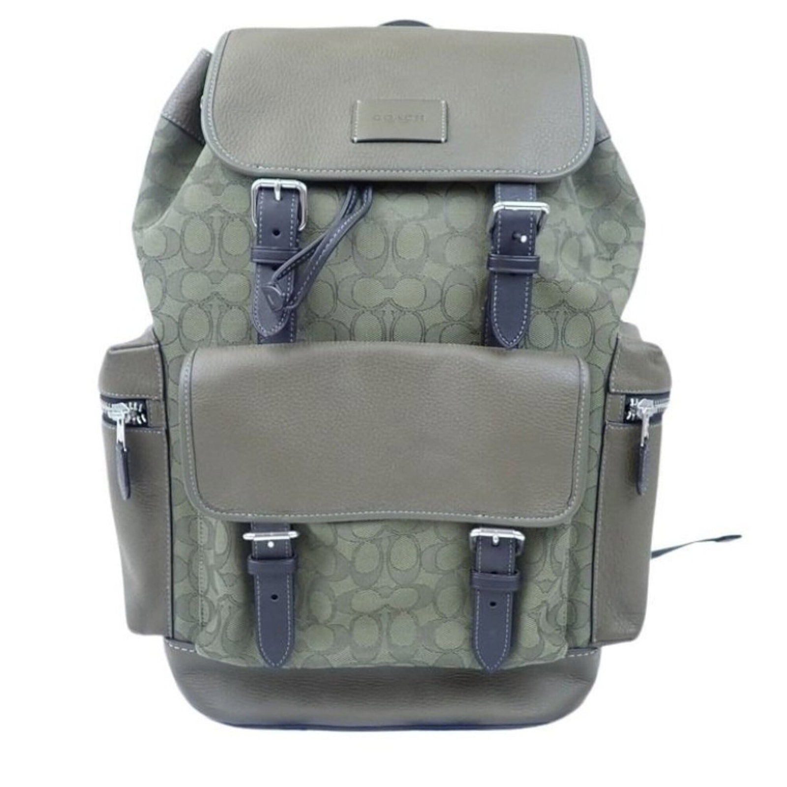 Canvas leather backpack coach: Canvas leather backpack coach Canvas leather backpack coach with classic khaki color and durable canvas material, complemented by premium leather accents. This stylish bag measures 44cm x 26cm x 16.5c