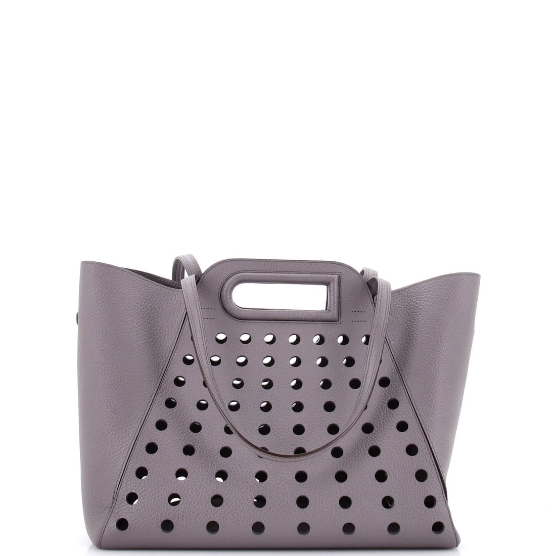 Perforated leather tote from Delvaux AIress MM: Perforated leather tote from Delvaux AIress MM Gray perforated leather tote from Delvaux's L'Airess MM collection, featuring minor creases and scuffs on the exterior and interior. The bag boasts a sle