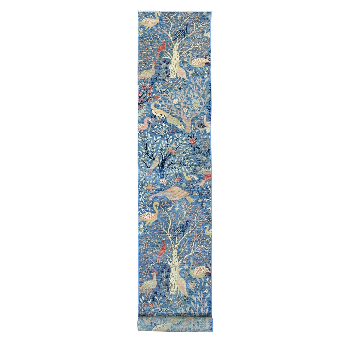 2'9"x23'4" Blue Hand Knotted Peshawar Birds Design Soft Wool Runner Rug: 2'9"x23'4" Blue Hand Knotted Peshawar Birds Design Soft Wool Runner Rug Soft and vibrant, this hand-knotted Peshawar Birds design wool runner rug boasts an eye-catching blue field with intricate patte