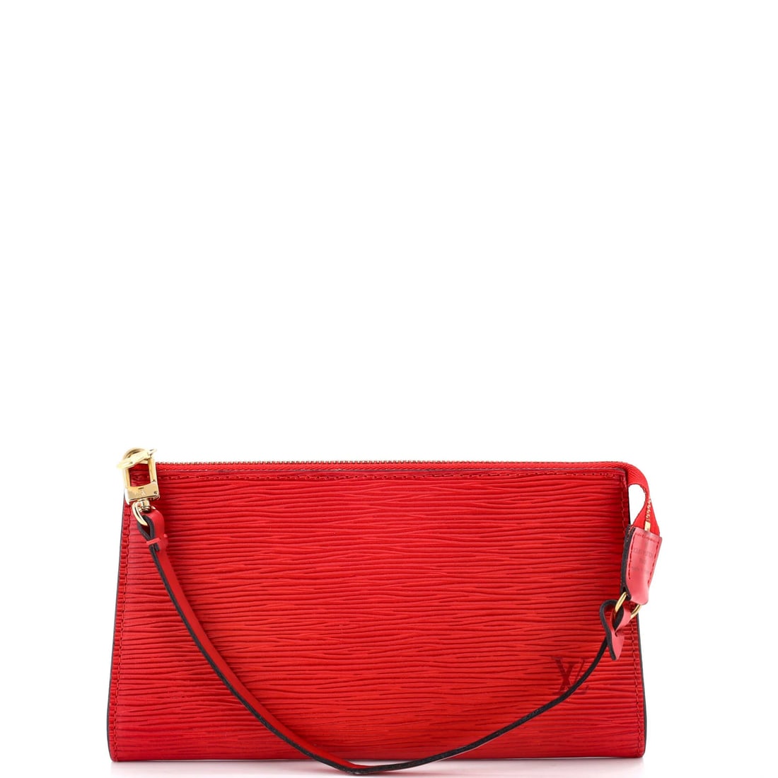 Epi Leather Pochette Accessoires Louis Vuitton: Epi Leather Pochette Accessoires Louis Vuitton Red Epi Leather Pochette Accessoires from Louis Vuitton features a classic design with minor scuffs on the exterior and cracking on the handles/straps. T