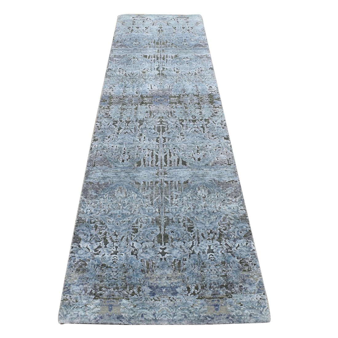 2'6"x10' Gray Silk with Wool Hand Knotted Erased Design Runner Rug: 2'6"x10' Gray Silk with Wool Hand Knotted Erased Design Runner Rug The Erased Design Runner Rug boasts a striking grey field with intricate hand-knotted wool and silk details, creating a unique and so