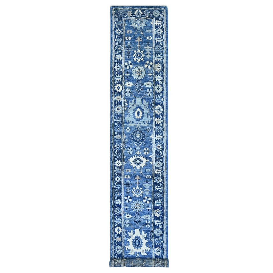 2'9"x16'8" Blue Wool Afghan Angora Oushak Hand Knotted Runner Oriental Rug: 2'9"x16'8" Blue Wool Afghan Angora Oushak Hand Knotted Runner Oriental Rug This stunning Blue Wool Afghan Angora Oushak Hand Knotted Runner Oriental Rug boasts a beautiful floral pattern in shades of 