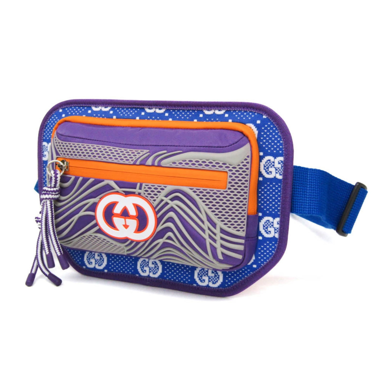 Nylon canvas sling bag fanny pack by Gucci: Nylon canvas sling bag fanny pack by Gucci Nylon canvas sling bag fanny pack by Gucci features an eye-catching blue, multi-color, and purple design. The bag boasts a zipper closure, outer pocket, and