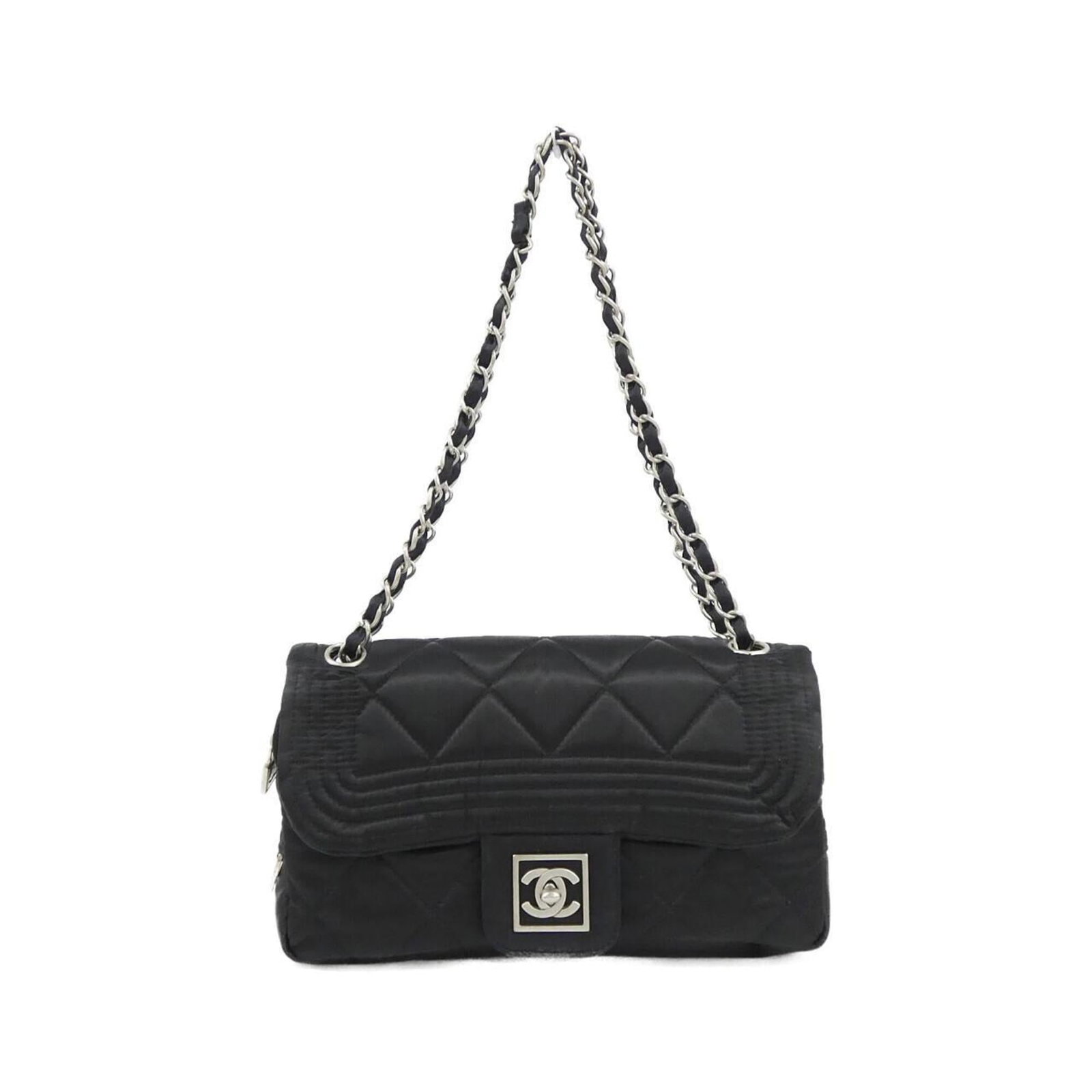 Nylon Chanel Bag Shoulder: Nylon Chanel Bag Shoulder Black Nylon Chanel Shoulder Bag with Silver Hardware, Measuring 14cm x 5cm x 6cm. This sleek and modern shoulder bag features a durable nylon material and silver hardware for