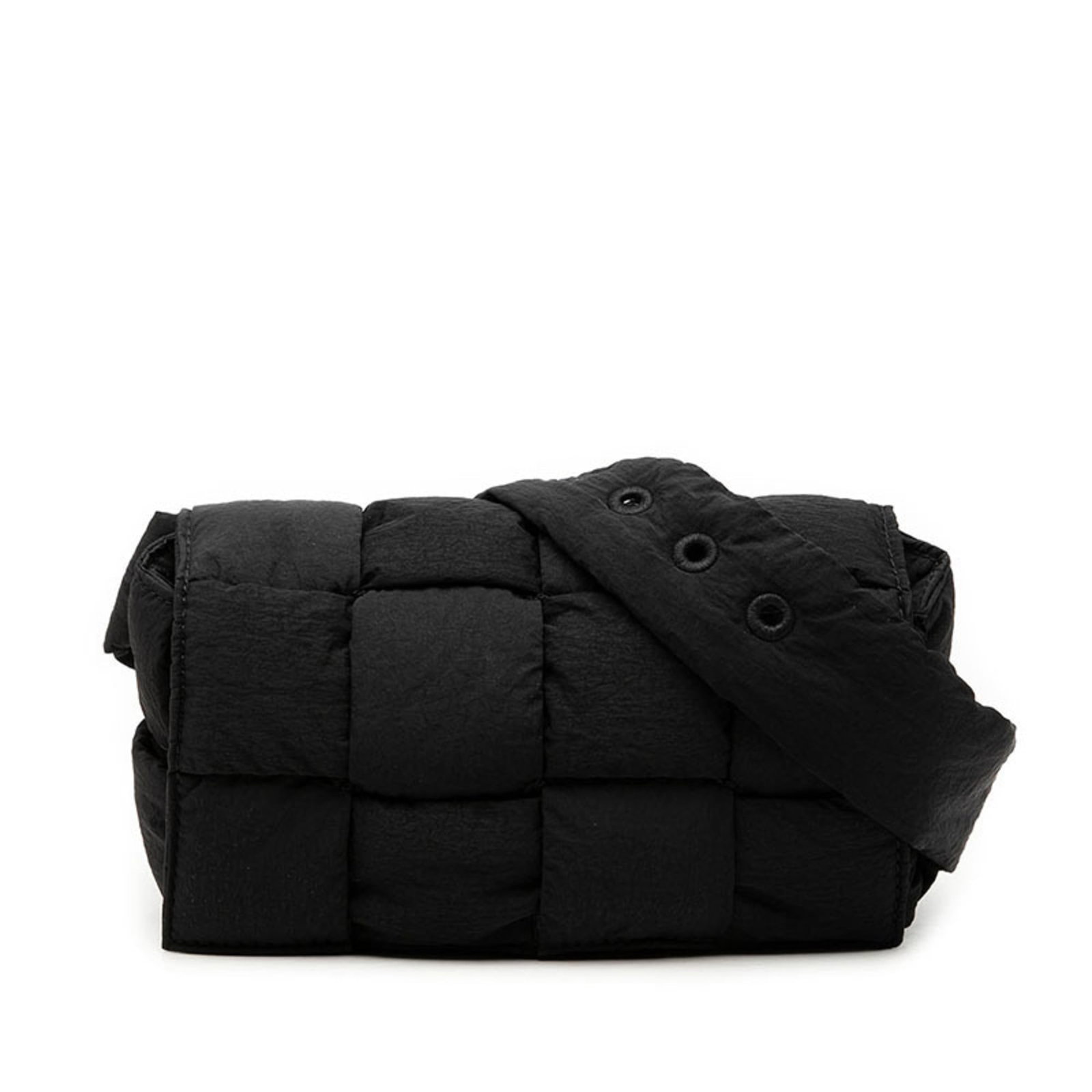 Nylon Veneta Shoulder Bag: Nylon Veneta Shoulder Bag Nylon Veneta Shoulder Bag in Black. This sleek and modern shoulder bag features nylon material, measuring 10cm x 17cm x 6.5cm. Its compact size makes it a versatile accessory