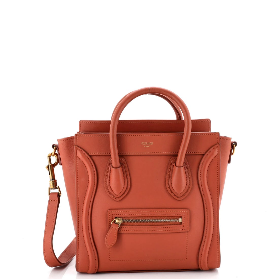 Smooth leather nano luggage bag: Smooth leather nano luggage bag Smooth leather nano luggage bag with classic brown exterior, featuring aged gold hardware and a spacious interior. Measuring just 8" x 4" x 3", it's the perfect compact