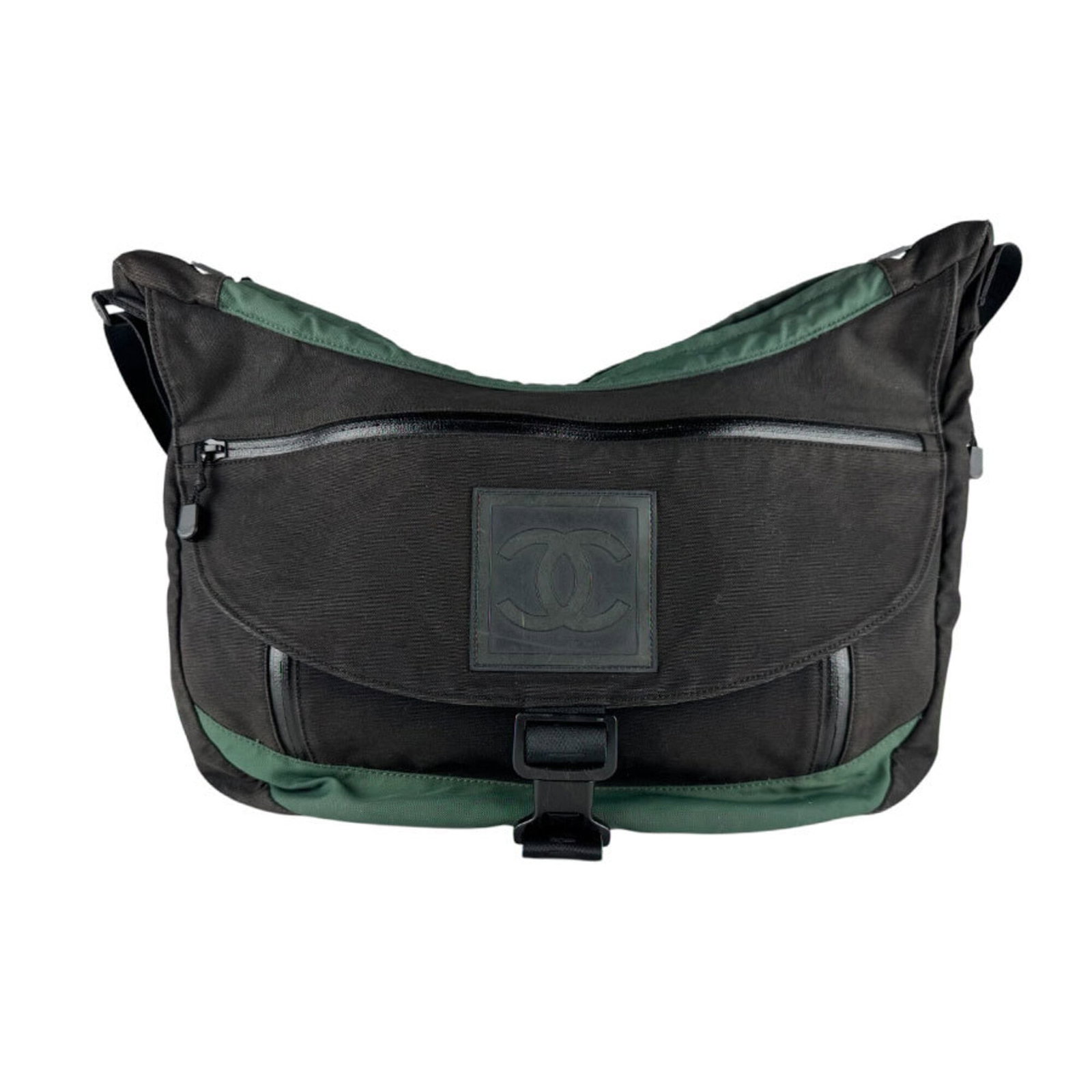 Nylon Chanel Bag Shoulder: Nylon Chanel Bag Shoulder Black and Green Nylon Chanel Shoulder Bag, Italy-made with precise measurements at 32cm x 45cm x 14cm. This stylish shoulder bag boasts a sleek design made from durable nylon
