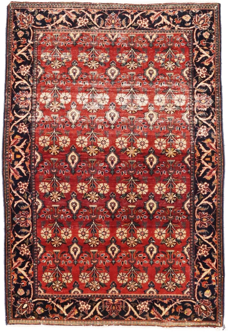 4'6X6'7 Semi-Antique Handmade Oriental Rug Red Carpet Allover Floral Pattern Hand-Knotted: 4'6X6'7 Semi-Antique Handmade Oriental Rug Red Carpet Allover Floral Pattern Hand-Knotted Hand-knotted in wool, this traditional oriental rug boasts an all-over floral pattern in rich reds and purples