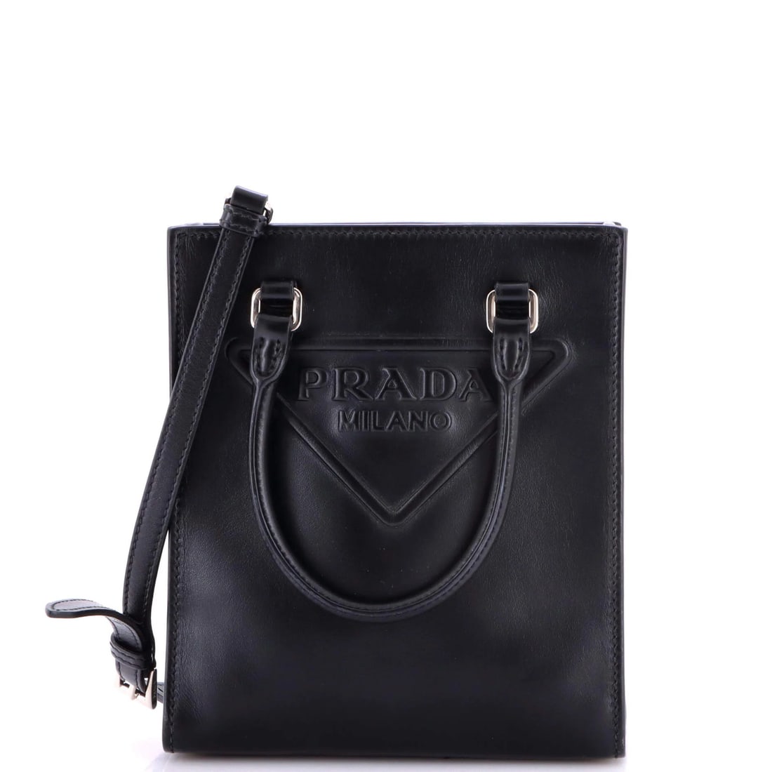 Convertible Tote Brushed Leather Small Prada: Convertible Tote Brushed Leather Small Prada Small Prada Cross Body Bag in Black Leather with Convertible Tote Style. This versatile bag features a sturdy handle drop and adjustable strap, perfect for