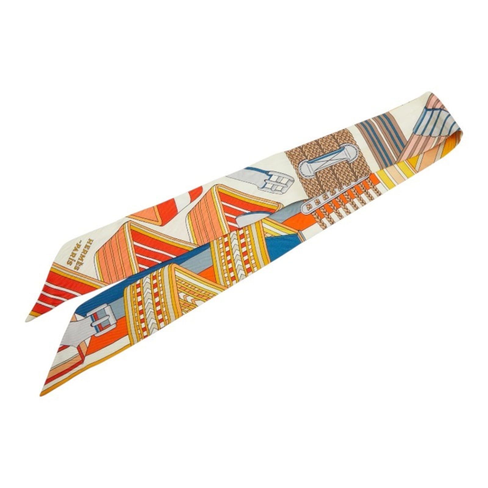 Hermes Scarf: Hermes Scarf Beige and multi-color Twilly scarf from the iconic Hermes brand, measuring 5cm x 84.5cm in size. This classic design features a unique combination of colors that add visual interest to an