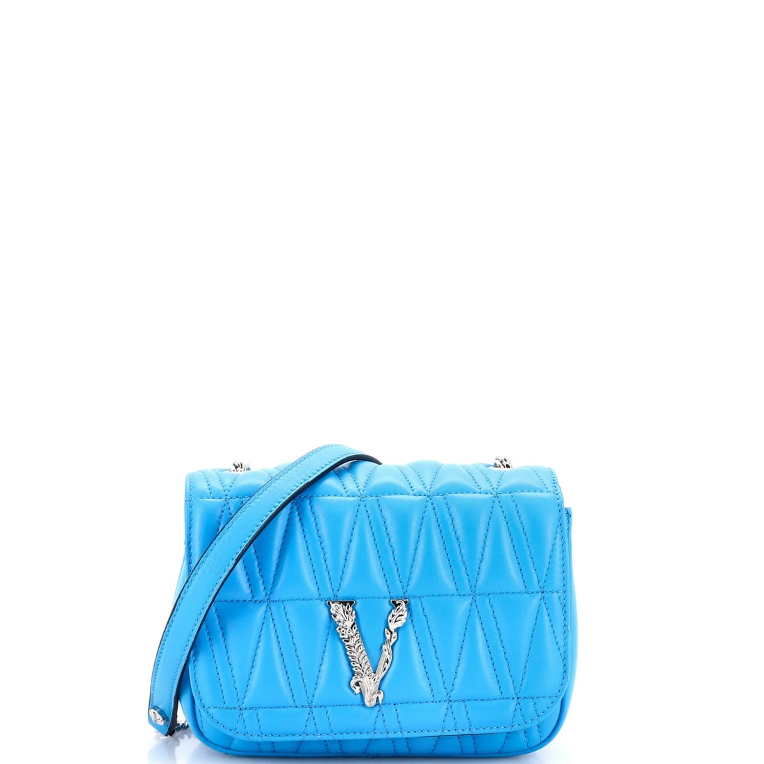 Versace Virtus Chain Flap Shoulder Bag Quilted Leather Mini: Versace Virtus Chain Flap Shoulder Bag Quilted Leather Mini The Versace Virtus Chain Flap Shoulder Bag Quilted Leather Mini boasts a striking blue exterior with quilted leather detailing, adding a tou