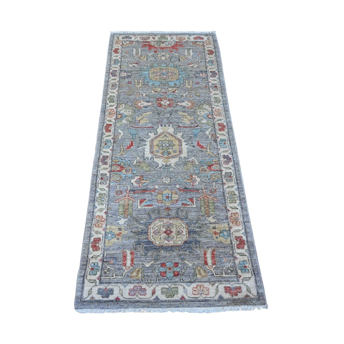 2'6"x6' Gray Aryana North West Zoroastrian Hand Knotted Wool Runner Rug: 2'6"x6' Gray Aryana North West Zoroastrian Hand Knotted Wool Runner Rug The Aryana North West Zoroastrian hand-knotted wool runner rug boasts a stunning grey hue and intricate design, measuring 72 inc
