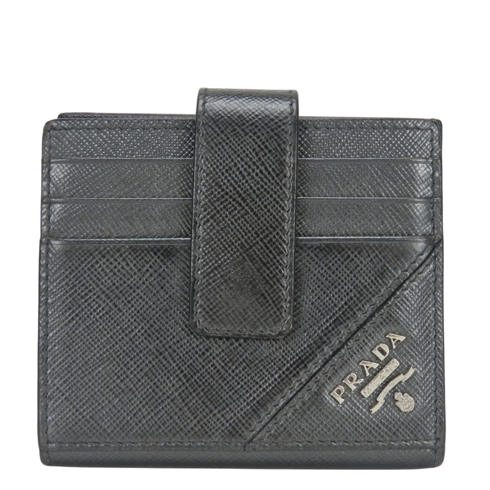 Bill Wallet Leather Bi Fold Prada: Bill Wallet Leather Bi Fold Prada Bill Wallet Leather Bi Fold Prada. Made from high-quality leather, this bi-fold wallet features a sleek black and metallic gray design. With its compact size and