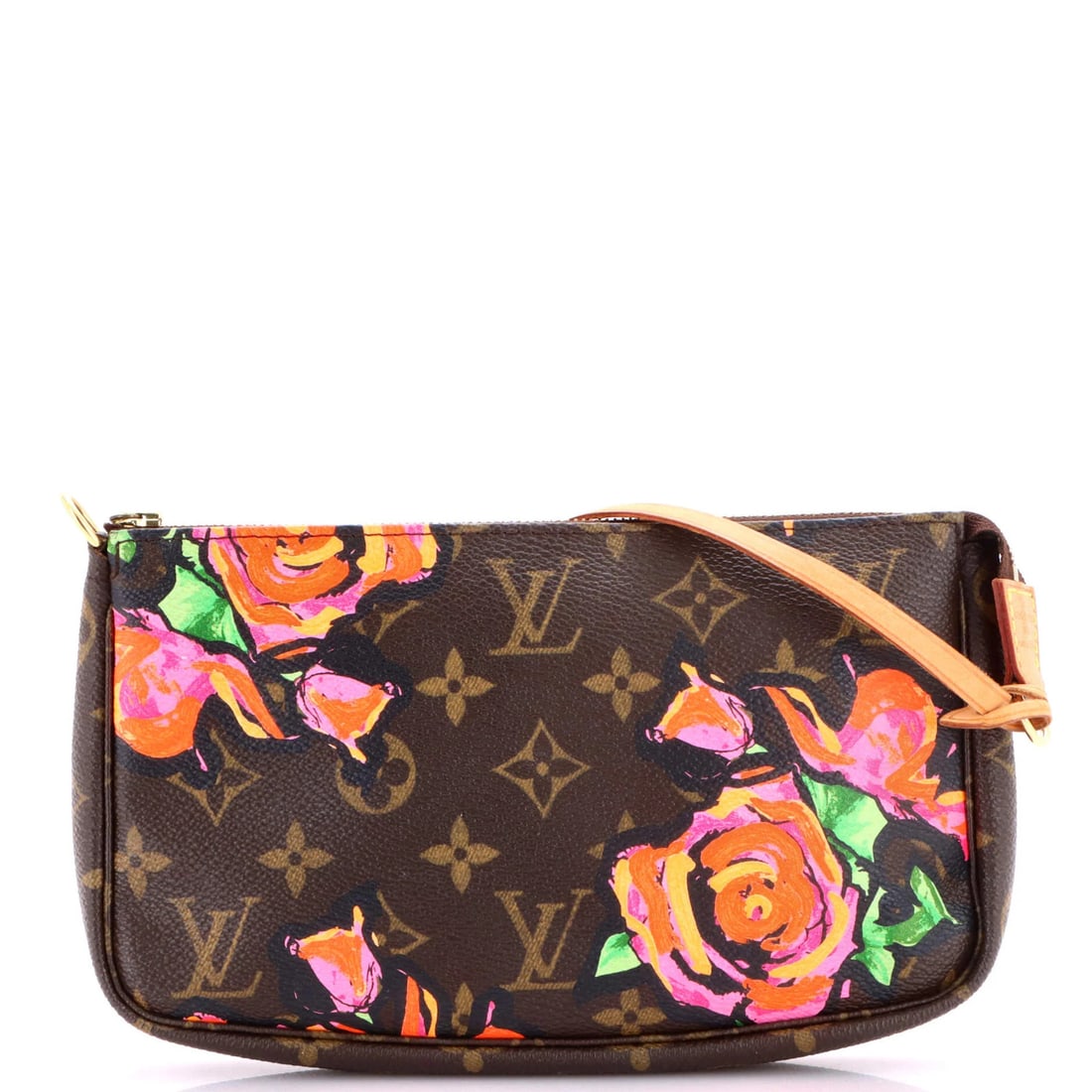 Louis Vuitton Pochette Accessoires Limited Edition Monogram Roses: Louis Vuitton Pochette Accessoires Limited Edition Monogram Roses The Louis Vuitton Pochette Accessoires Limited Edition Monogram Roses in brown canvas coated exterior boasts the iconic monogram patte