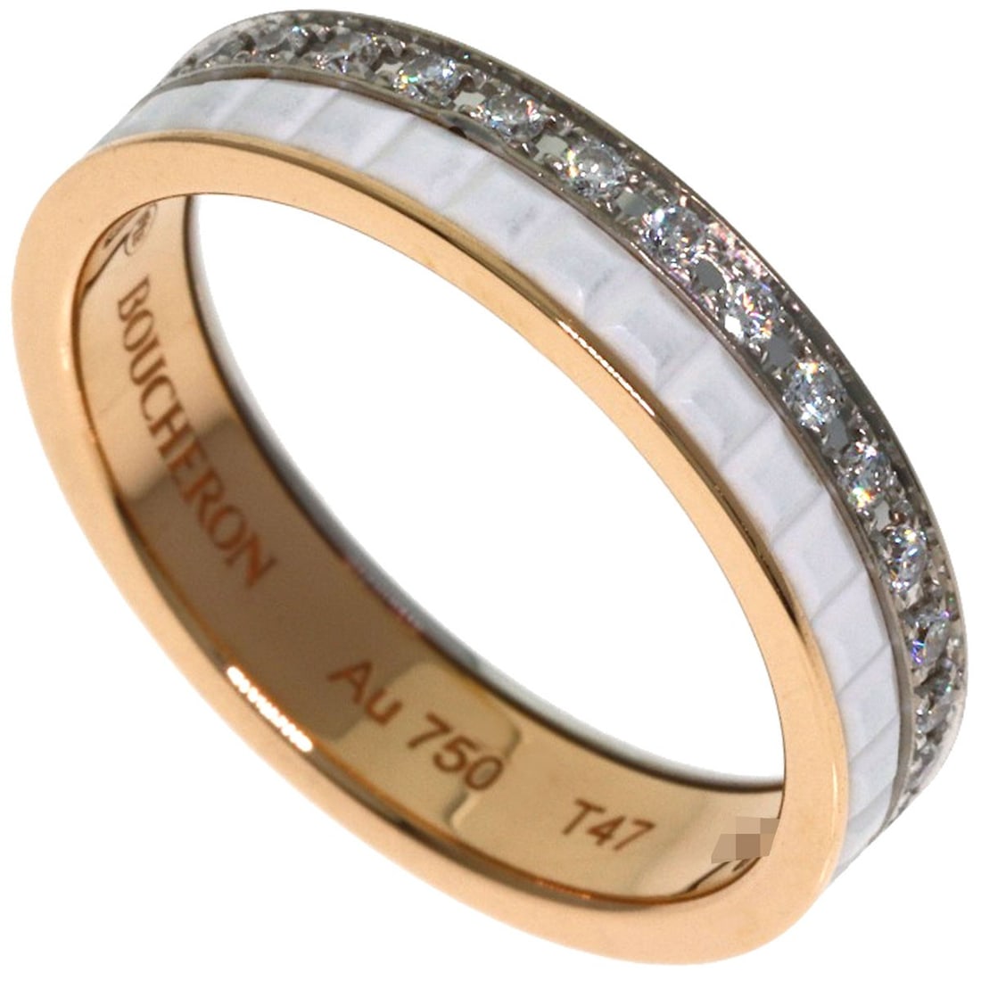 Boucheron Quatre White Diamond Half Ring #47 Ring K18 Pink Gold K18 White: Boucheron Quatre White Diamond Half Ring #47 Ring K18 Pink Gold K18 White K18 Pink Gold Boucheron Quatre White Diamond Half Ring #47 boasts a striking gold metal exterior, adorned with a diamond. This