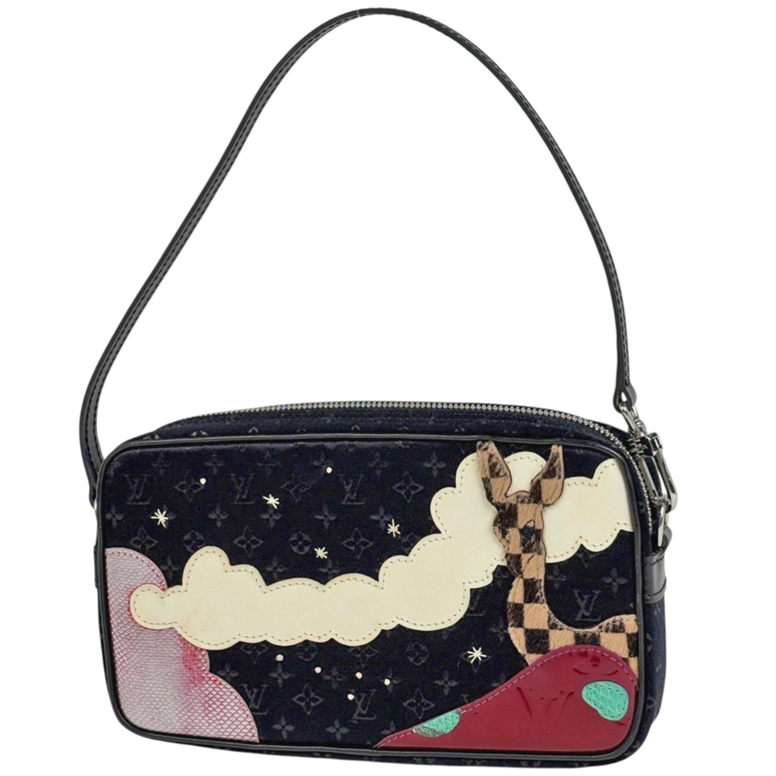 Handbag Pochette Satin Monogram Louis Vuitton: Handbag Pochette Satin Monogram Louis Vuitton Satin Monogram Louis Vuitton Pochette in Black. This pochette features the iconic monogram pattern, crafted from luxurious satin material. Measuring 13cm 