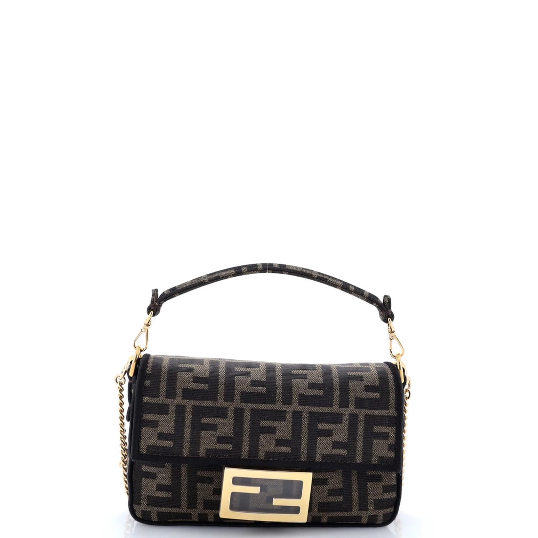 Baguette Mini Fendi Canvas NM Zucca Bag: Baguette Mini Fendi Canvas NM Zucca Bag Brown canvas mini bag with gold hardware, featuring a cross-body design and extra strap for added convenience. The Baguette Mini Zucca in brown canvas boasts a 