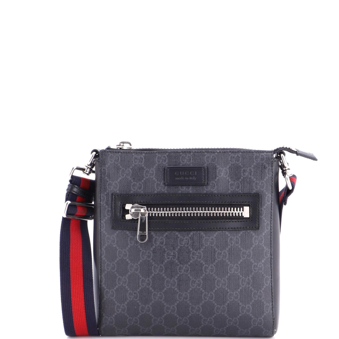 Gucci Web Strap Front Zip Messenger Bag GG Coated Canvas Small: Gucci Web Strap Front Zip Messenger Bag GG Coated Canvas Small Small Gucci Web Strap Front Zip Messenger Bag in Black Canvas Coated Exterior. This stylish cross-body bag features a web strap, front zi