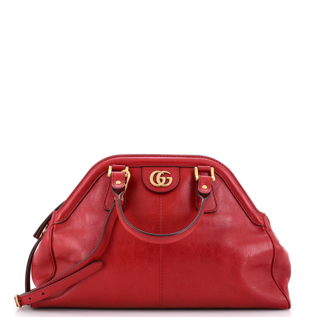 Gucci RE(BELLE) Top Handle Bag Leather Medium: Gucci RE(BELLE) Top Handle Bag Leather Medium Gucci RE(BELLE) Top Handle Bag Leather Medium features a striking red exterior with minor scuffs, creases, and edge wear. The bag's neutral interior is co