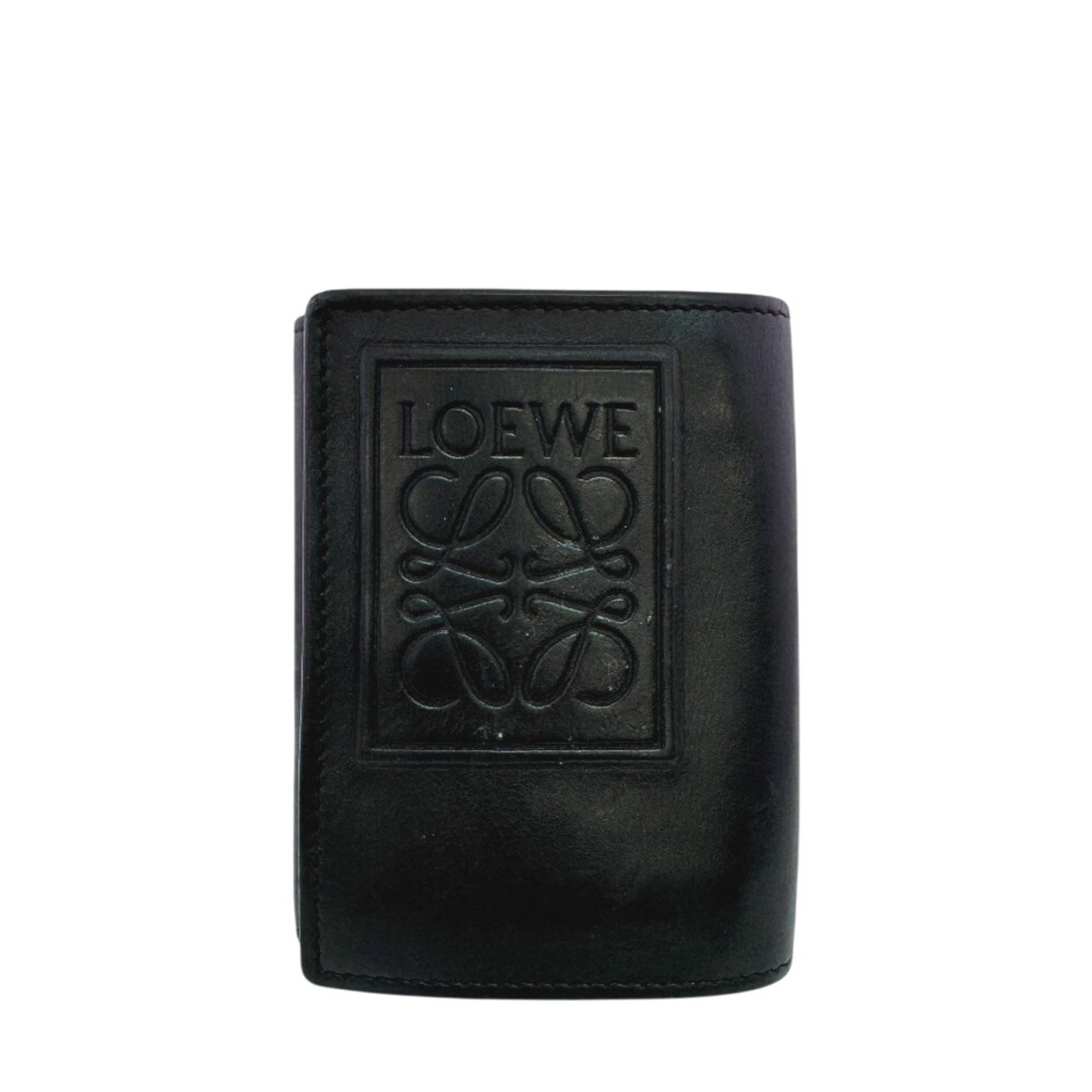 Loewe Wallet (Tri-Fold) Leather: Loewe Wallet (Tri-Fold) Leather Tri-fold leather wallet from renowned Spanish luxury brand Loewe, featuring sleek black design and precise dimensions. This stylish accessory boasts classic tri-fold