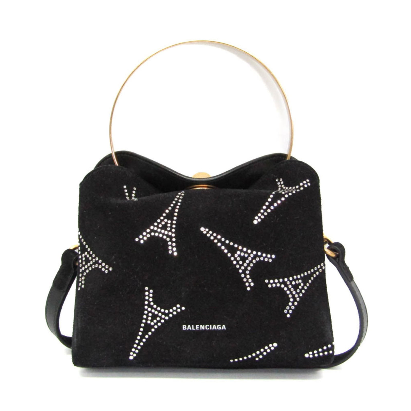 Metal Handbag Suede Rhinestone Shoulder Bag: Metal Handbag Suede Rhinestone Shoulder Bag Suede, rhinestone, and metal come together in this sleek black shoulder bag from Balenciaga. The bag's gold turn lock closure adds a touch of luxury, while 