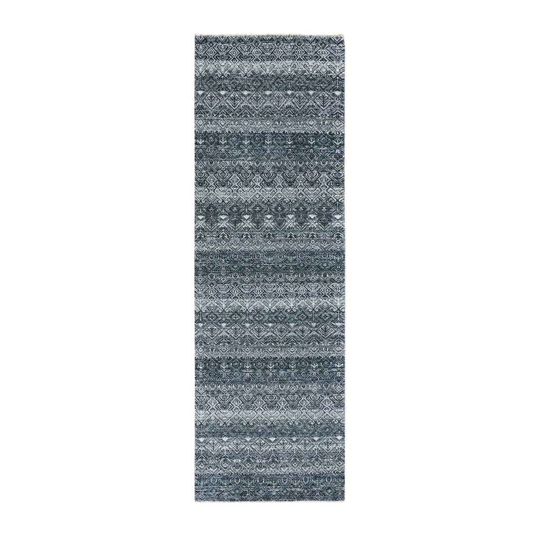 2'7"x8' Gray Hand Knotted Kohinoor Herrita Shiny Wool Runner Oriental Rug: 2'7"x8' Gray Hand Knotted Kohinoor Herrita Shiny Wool Runner Oriental Rug Hand-knotted with precision, this stunning Gray Herrita Shiny Wool Runner Oriental Rug boasts an intricate design in a soothin